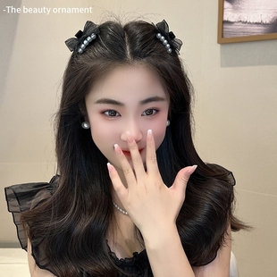 2025新款 珍珠网纱蝴蝶结小抓夹侧边前额刘海碎发夹子头饰发卡女夏