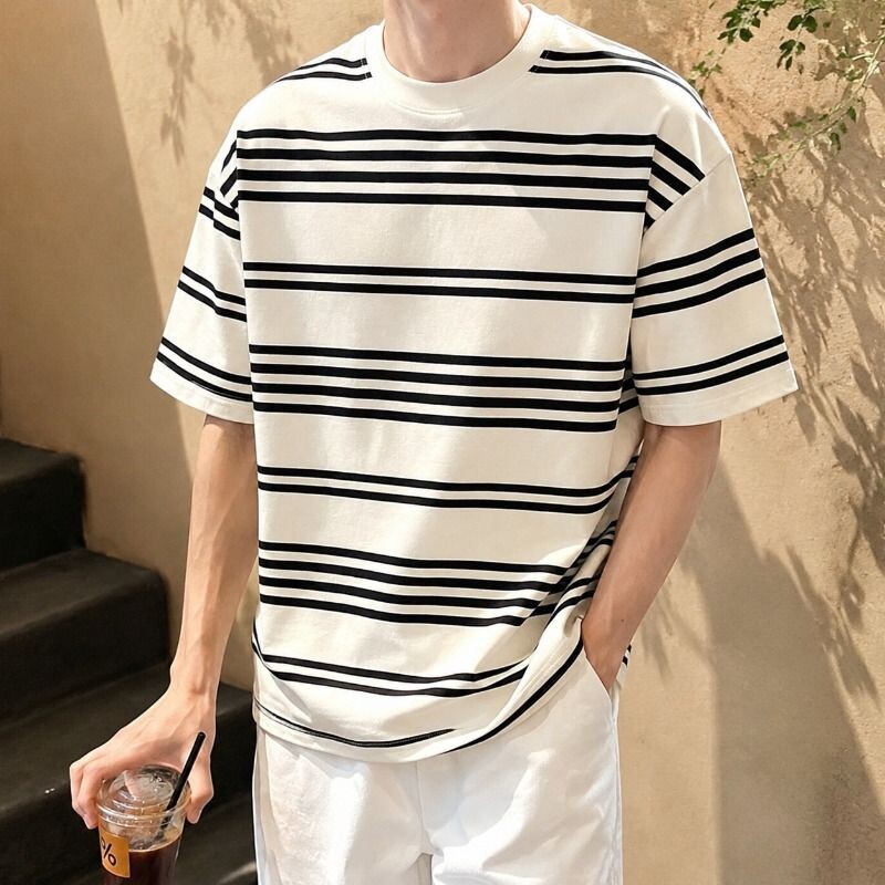 夏季新款2026条纹短袖t恤男上衣ins半袖体恤美式男士宽松白色黑色