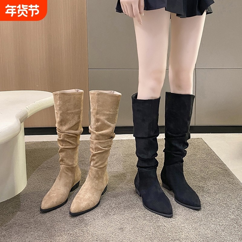 热风圈西部牛仔靴子女2025年新款春秋季长筒堆堆靴尖头显瘦骑鞋子,女鞋,骑士靴,淘宝优惠券,粉丝福利购,淘宝优惠卷