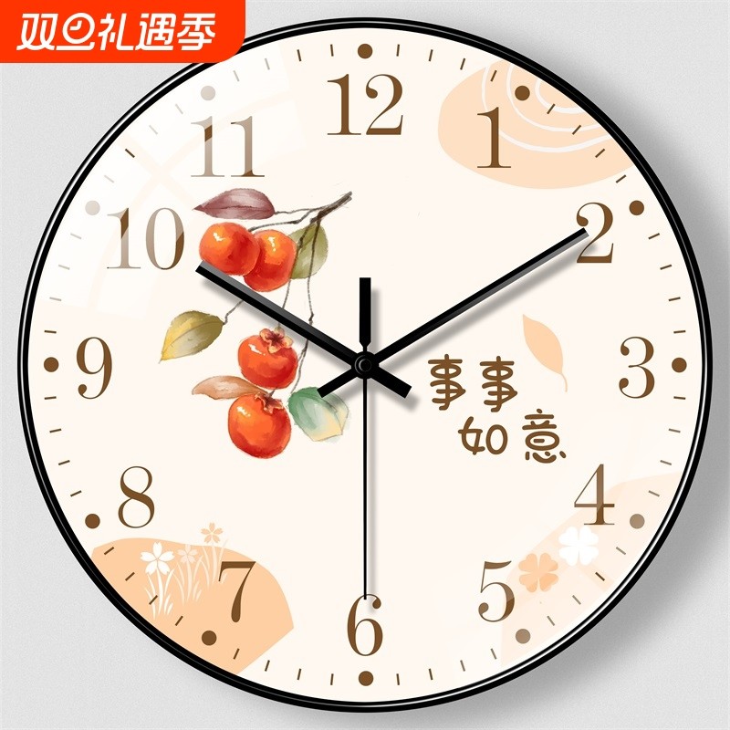 挂钟圆形客厅卧室静音免打孔挂墙钟表创意表电池机芯招财猫如意