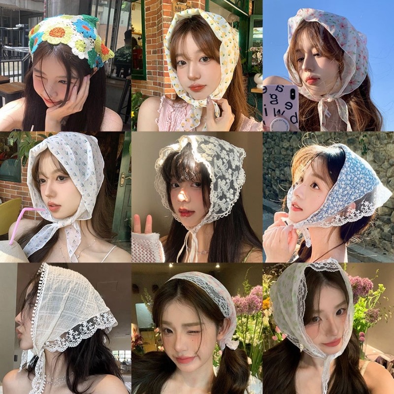法式复古蕾丝碎花头巾女夏三角巾发带绑发包头可爱甜美小领巾头饰