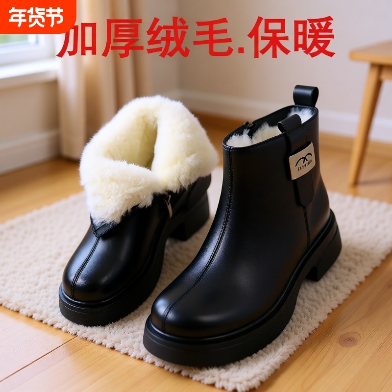 羊毛棉靴真皮毛一体雪地靴女冬加绒加厚保暖中老年防滑大棉鞋防水,女鞋,马丁靴,淘宝优惠券,粉丝福利购,淘宝优惠卷