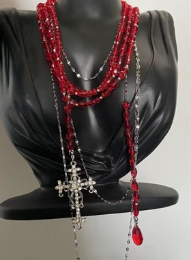 AOGTT潮酷辣妹多层叠戴红色水滴流苏吊坠项链女锁骨链十字架