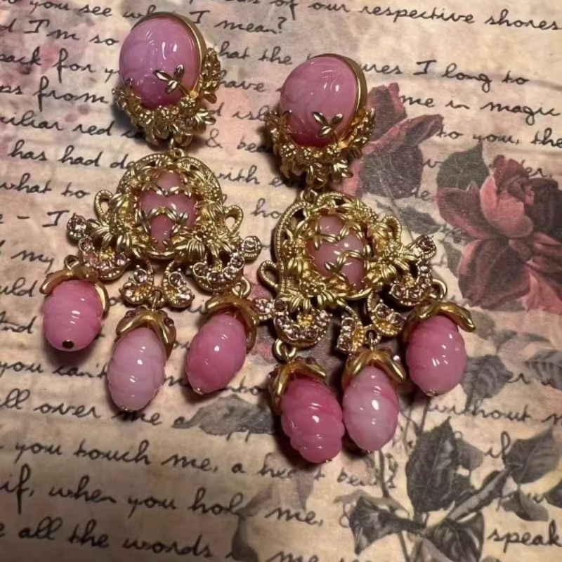 中古巴洛克宫廷风粉色蓝色串珠雕花镶钻耳环女复古流苏耳钉