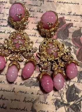 中古巴洛克宫廷风粉色蓝色串珠雕花镶钻耳环女复古流苏耳钉