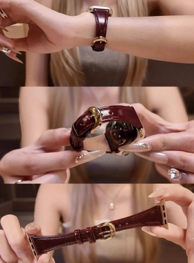 适用于iwatchS11秋冬小蛮腰真皮苹果手表10/9/8/7新年款透气高级感6/5/4油蜡皮小众se/3/2/1ultra棕色黑色