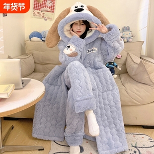 俞兆林睡衣女秋冬季珊瑚绒三层夹棉袄加绒加厚毛绒冬天睡袍家居服