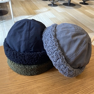 日系复古羊羔绒无檐地主帽男女秋冬保暖瓜皮帽雅痞街头潮流水手帽