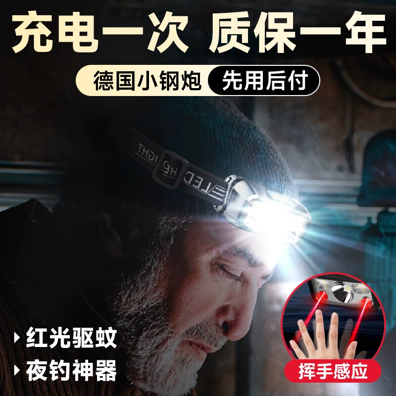 头戴式强光头灯充电超亮夜钓鱼照明户外超长续航超轻感应小手电筒