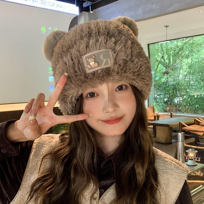 可爱毛绒小熊耳朵毛绒帽针织毛线帽子秋冬保暖护耳帽多规格
