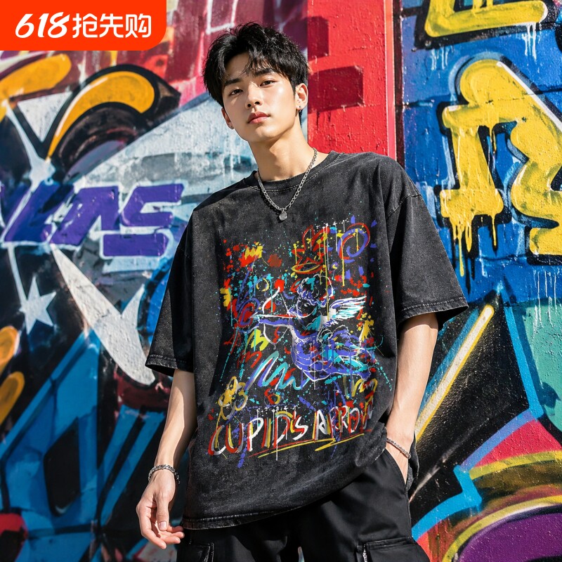 欧美复古嘻哈水洗T恤街头服饰恶魔杀手动漫图形潮牌印花纯棉上衣