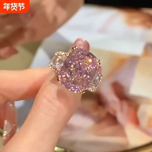 夸张爆闪粉色锆石时尚戒指轻奢小众设计感食指精致指环送可调节