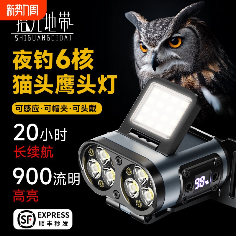 猫头鹰头灯夜钓鱼专用强光充电超亮感应超长续航头戴帽夹式照明灯