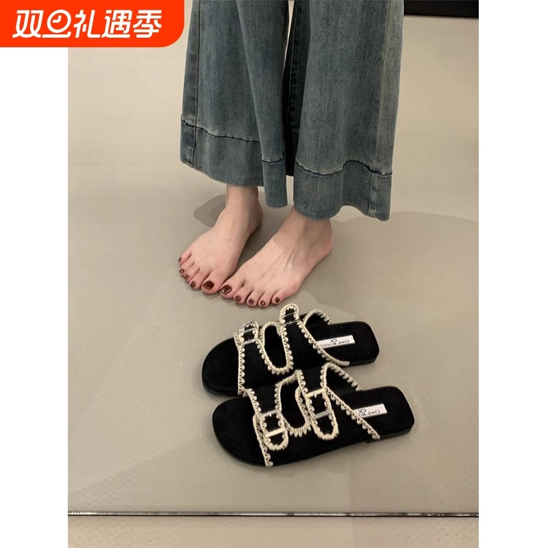 香港真皮厚底蕾丝勃肯凉拖女2025新款夏季外穿皮带扣一字拖沙滩鞋