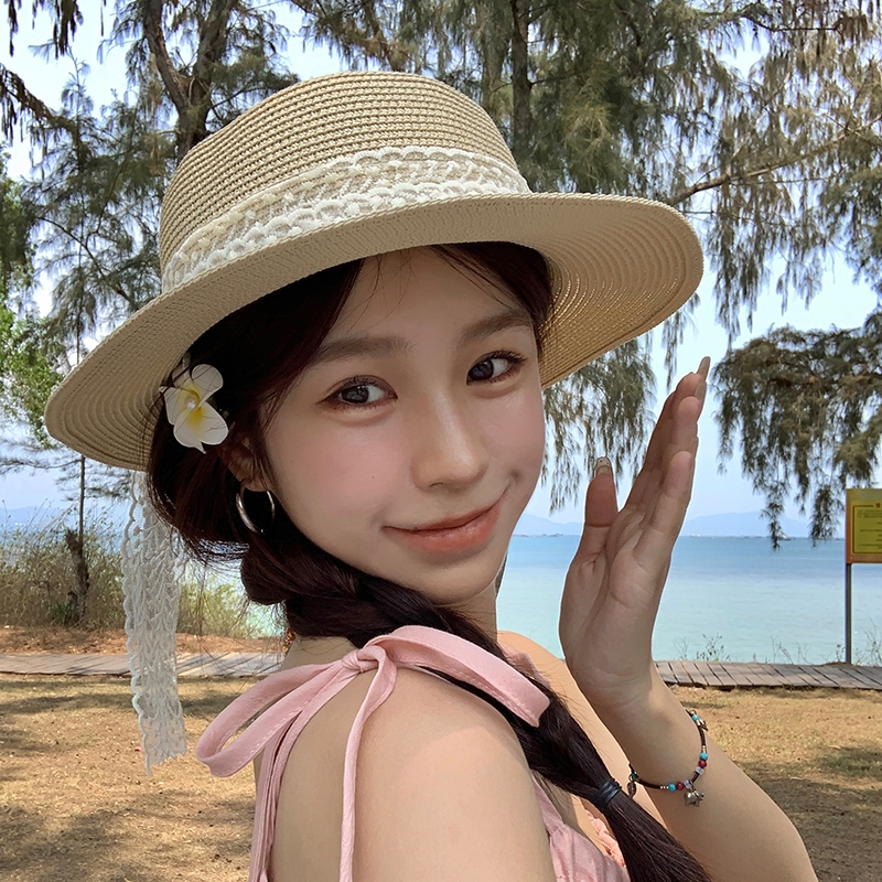蕾丝珍珠蝴蝶结平顶草帽女夏季遮阳帽子出游度假草编沙滩太阳帽