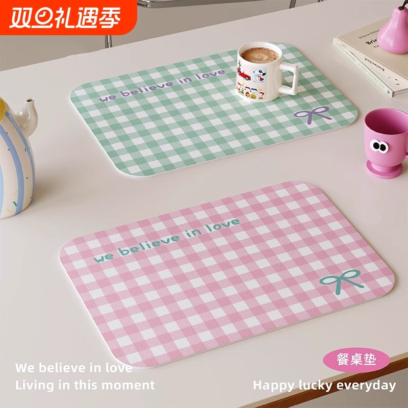 韩式格子蝴蝶结ins皮革餐垫防水防油免洗杯垫咖啡台垫隔热桌面垫