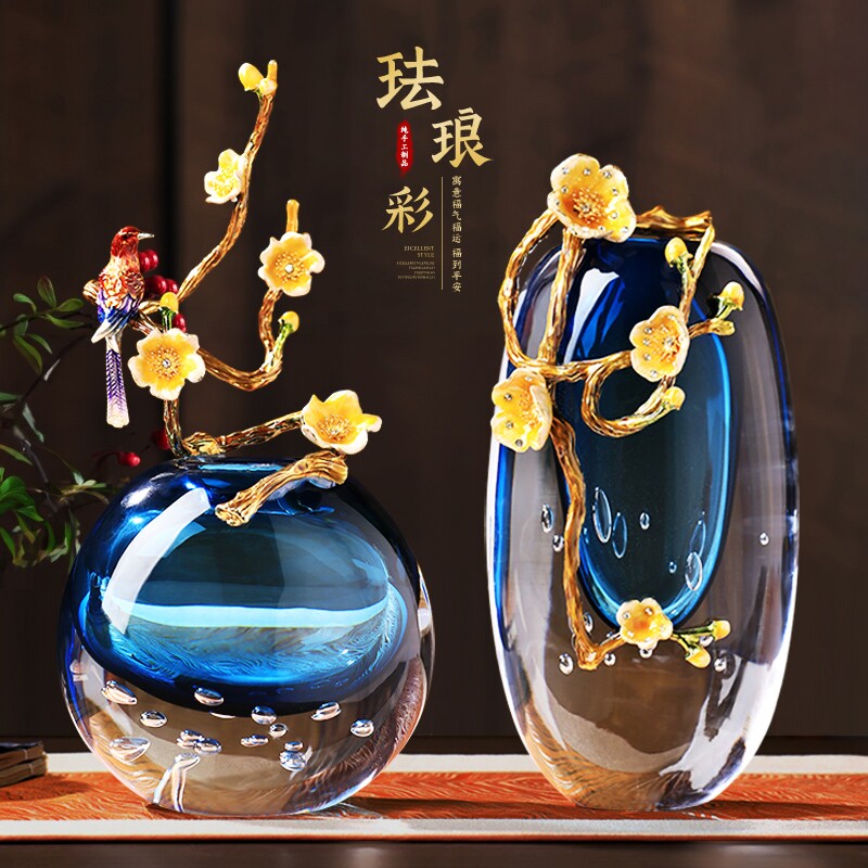 轻奢珐琅彩插花瓶客厅高端装饰工艺品琉璃高级感水晶玻璃摆件玄关