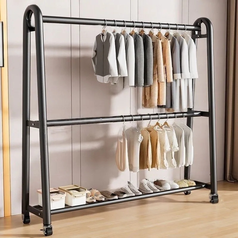 衣架落地卧室挂衣架家用双杆移动晾衣架多功能收纳衣帽架阳台双层