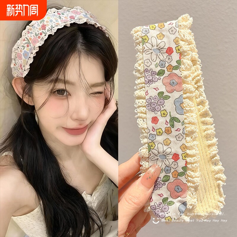 森系田园风蕾丝碎花刘海贴前额碎发魔术贴发箍女不伤发发带