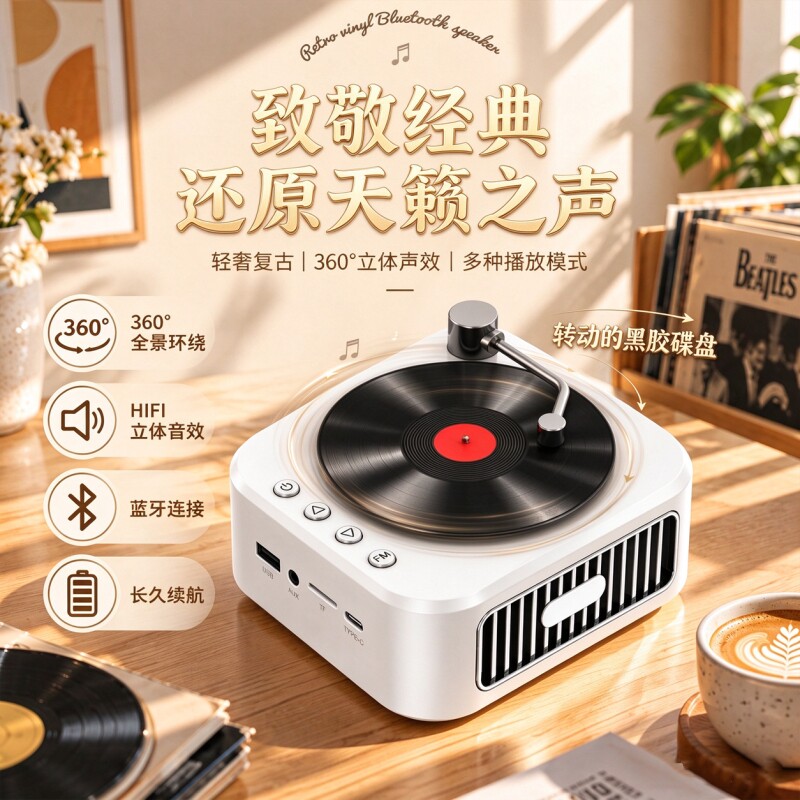 高音质黑胶唱片复古音响小型无线蓝牙音箱重低音便携式蓝牙小音响