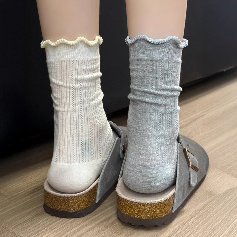 司童透气薄款芭蕾风花边袜子女春夏季中筒袜灰色配长袜白色黑色