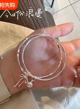 【幂琳】银手镯女纯银9999双环闭口蝴蝶结铃铛足银手镯简约百搭首