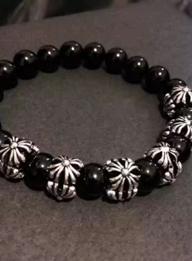 伢克迪/ 街拍手链时尚百搭潮款十字天然黑石头男女串手链情侣学生