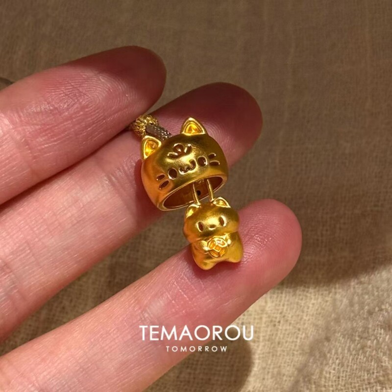 可爱【套头喵】招财躲猫猫金色小猫咪吊坠棕色编绳项链毛衣链配饰