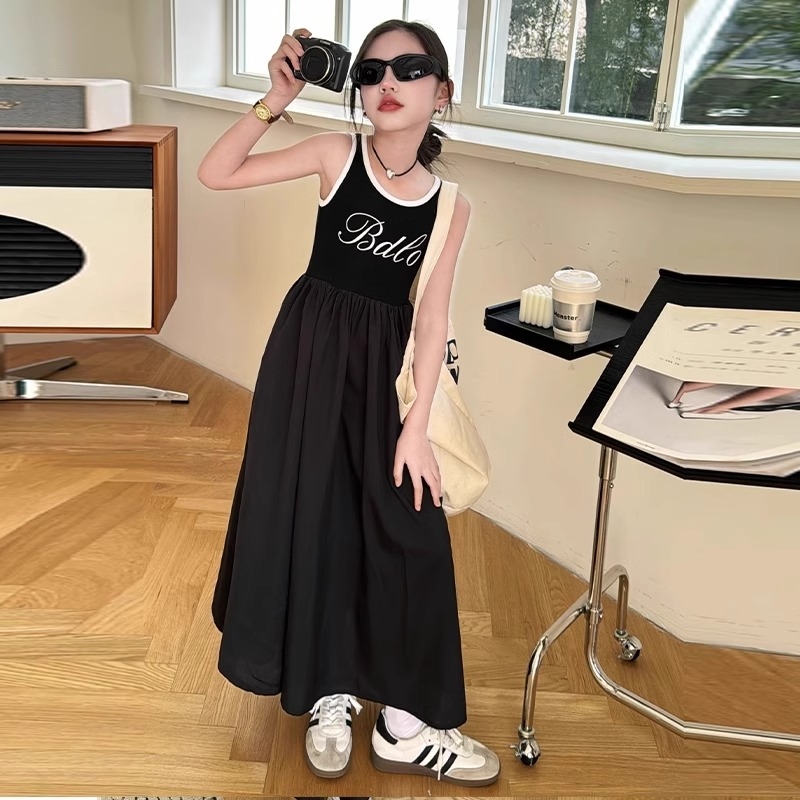 潮牌时尚女童连衣裙夏季洋气时髦大童收腰吊带长裙女孩背心裙子潮