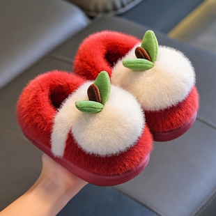 儿童棉拖鞋冬季女童男童毛绒宝宝棉鞋包跟家居鞋棉拖软底红色室内
