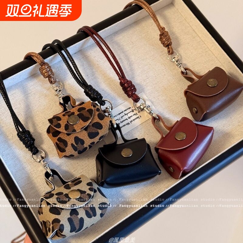 项链包藏心动 复古豹纹皮质零钱包女长款毛衣链收纳包包挂脖配饰