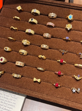 中古金色戒指女时尚轻奢精致彩色锆石S925镀银开口指环重工食指戒