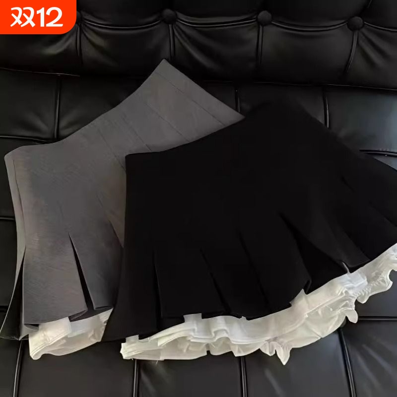 jennie同款拼接黑色百褶裙女2025春夏新款高腰显瘦辣妹a字半身裙