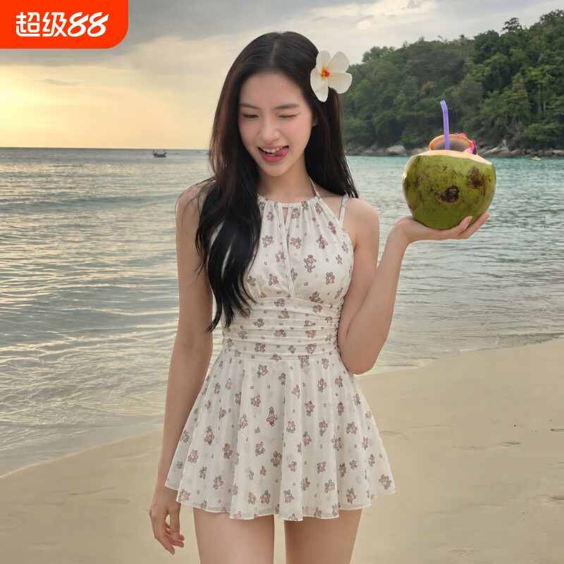 连体泳衣女甜美碎花挂脖裙式保守遮肚显瘦海边度假泡温泉纯欲泳装