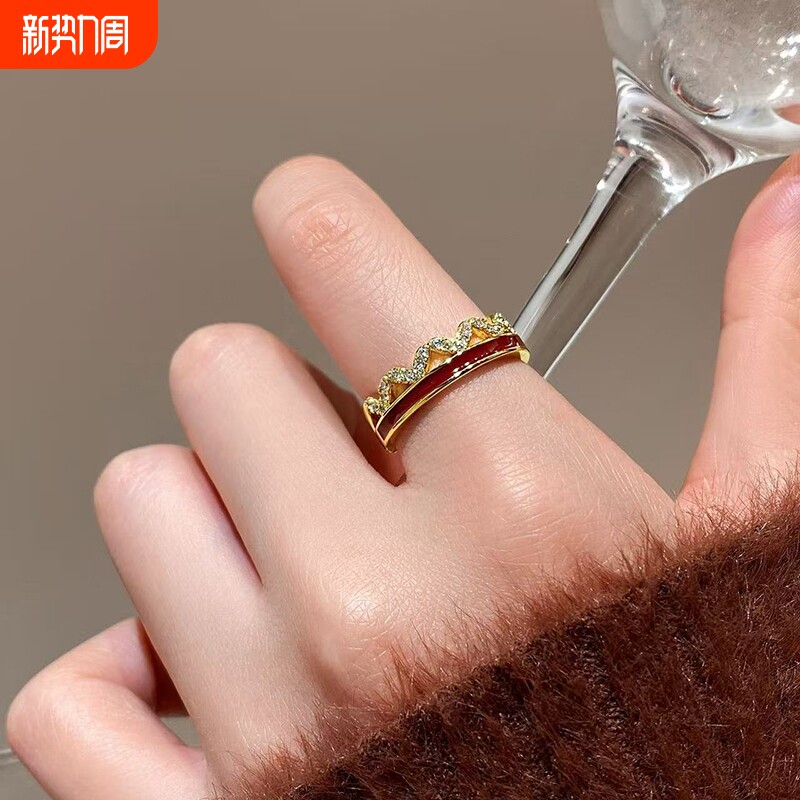 秋冬金色锆石红色波浪开口戒指女复古轻奢高级感食指戒小众配饰品