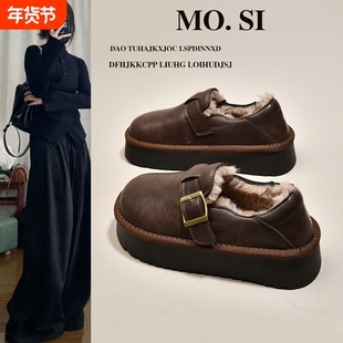 厚底皮面勃肯鞋女防水低帮雪地靴加绒小皮鞋2025新款冬季乐福棉鞋