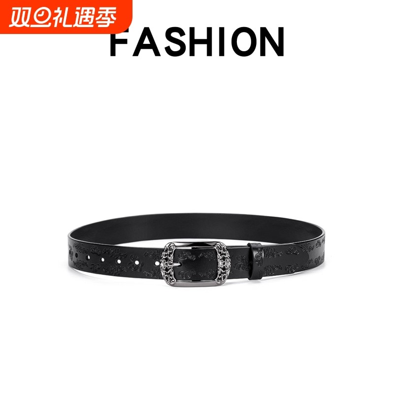 腰带真皮复古蝴蝶时尚皮带潮流黑色牛皮百搭y2k男女款装饰休针扣