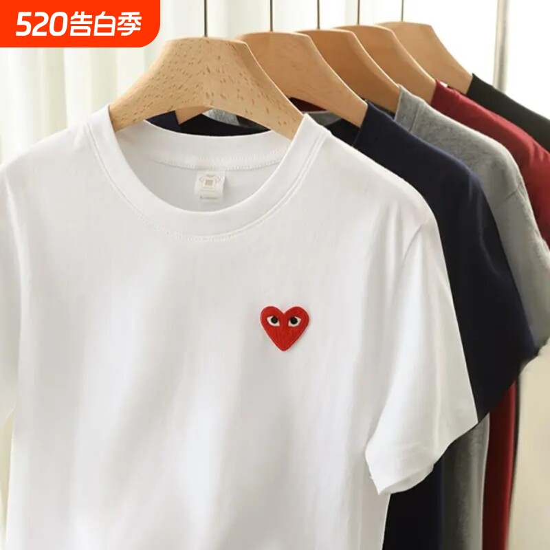 100%纯棉爱心男童刺绣短袖圆领红心亲子t恤日系PLAY宽松圆领