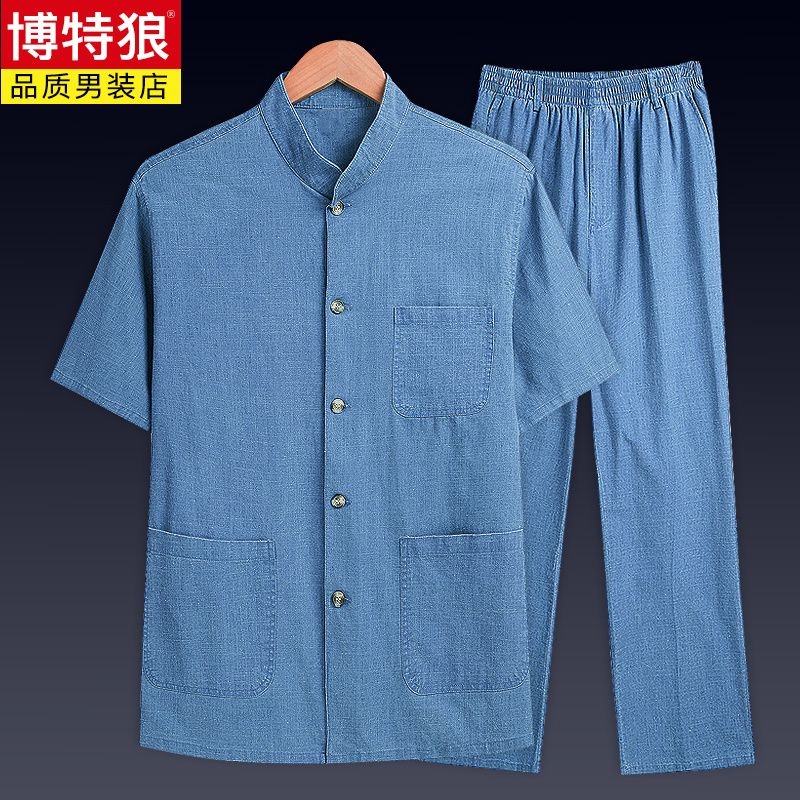 唐装男中老年爸爸装夏装男士老年人衣服爷爷棉亚麻中国风短袖套装