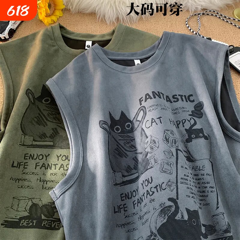 麂皮绒无袖t恤男夏季衣服运动坎肩背心紫色绿色卡其色休闲印花