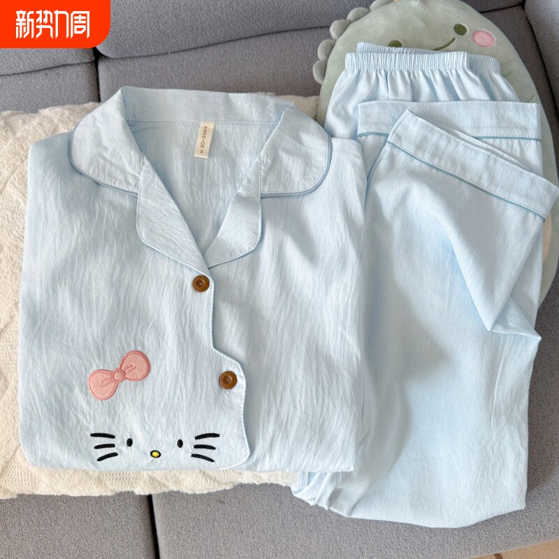 红豆云朵纯棉纱睡衣女款2026新款春秋季长袖可爱小猫卡通少女家居