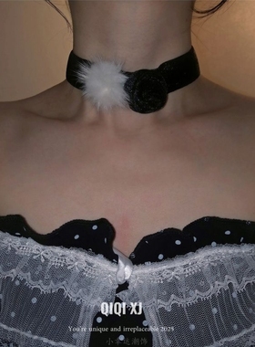 优雅复古气质黑色花朵白色毛绒颈链甜美气质圣诞节小众锁骨链女