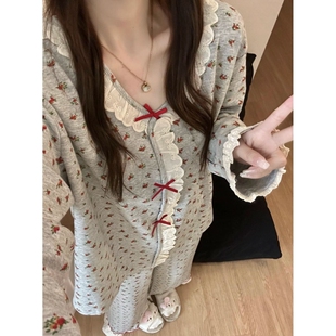 法式蕾丝棉绸睡衣女秋春季2026新款甜美花边长袖长裤家居服两件套
