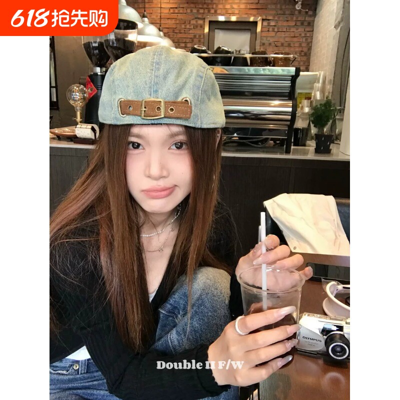 美式复古纯色帽子女夏季日系贝雷帽男短檐鸭舌帽做旧前进帽画家帽
