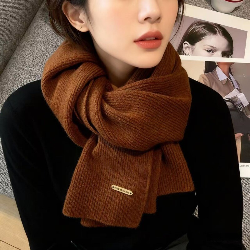 秋冬纯色针织围巾女高级感加厚保暖感潮灰色卡其色米色蓝色中国红