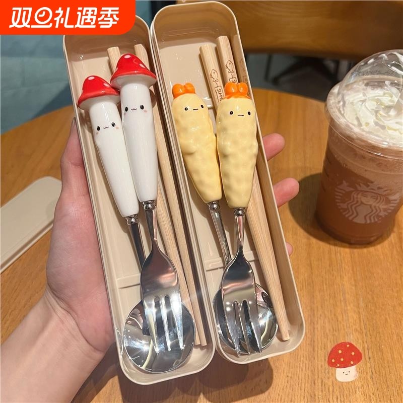 可爱动物筷子勺子套装不锈钢学生一人用儿童叉子餐具便携式收纳盒