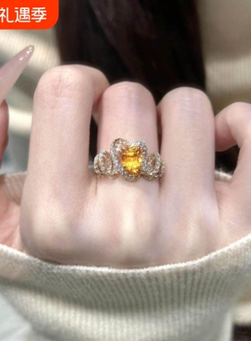爆闪满钻橙色芬达方糖戒指女款轻奢小众设计高级感百搭不规则指环