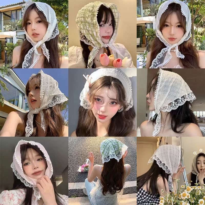 蕾丝三角巾系腰头巾高级感针织三角形女士发带丝巾绑发三角绑头