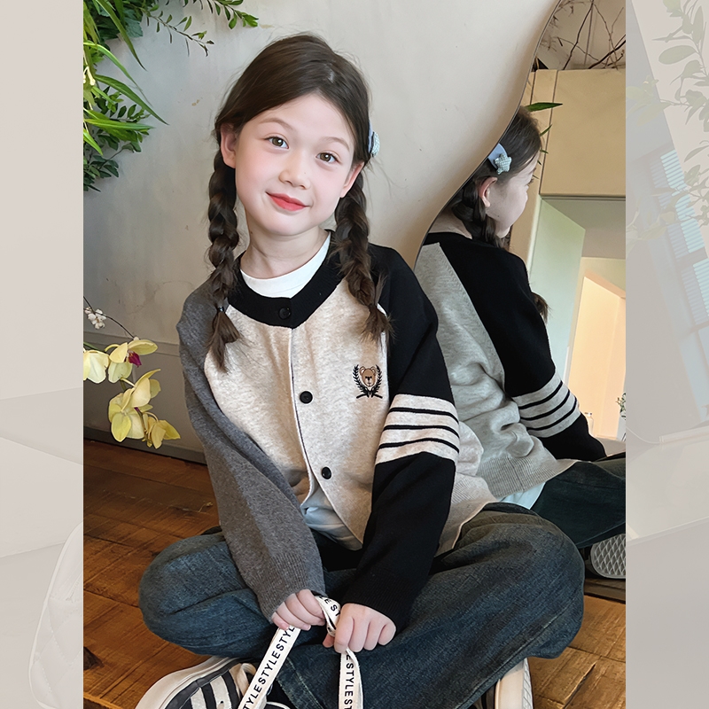 儿童撞色条纹针织开衫大童装洋气韩版毛衣外套女童2025春秋新款