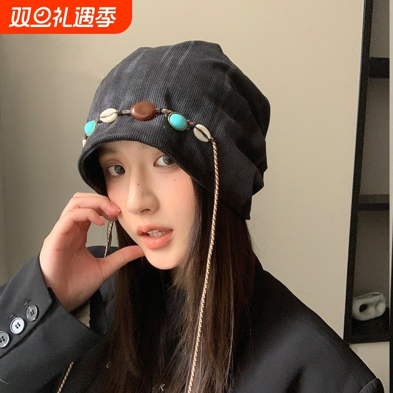 复古民族风堆堆帽子女薄款扎染流苏蝴蝶装饰包头帽大头围冷帽秋冬